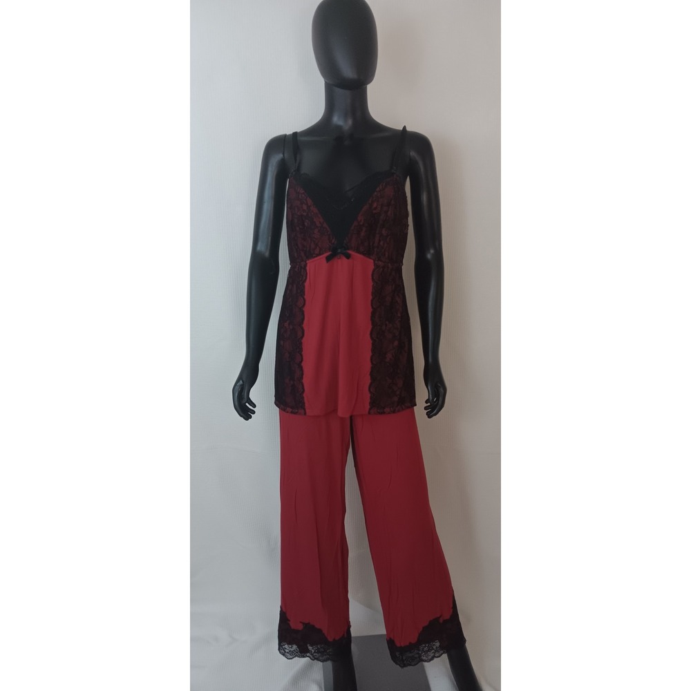 Soma Womens Red Black Lace Pajama Set Large Sleepwear Camisole Top Pants